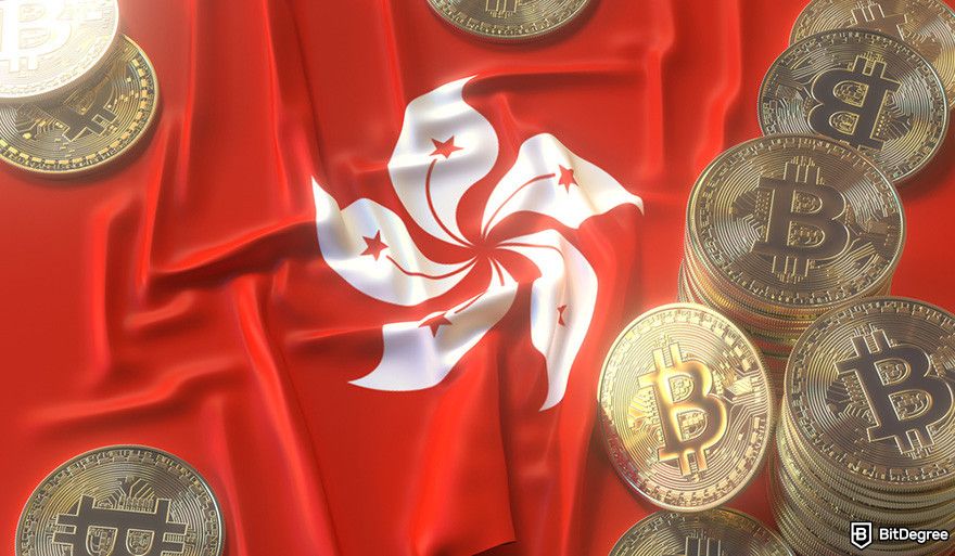Best crypto exchange Hong Kong: golden BTC coins on Hong Kong flag.