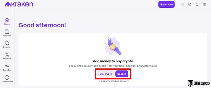 Best crypto exchange Hong Kong: Kraken's user dashboard with the Buy crypto and Deposit button highlighted.