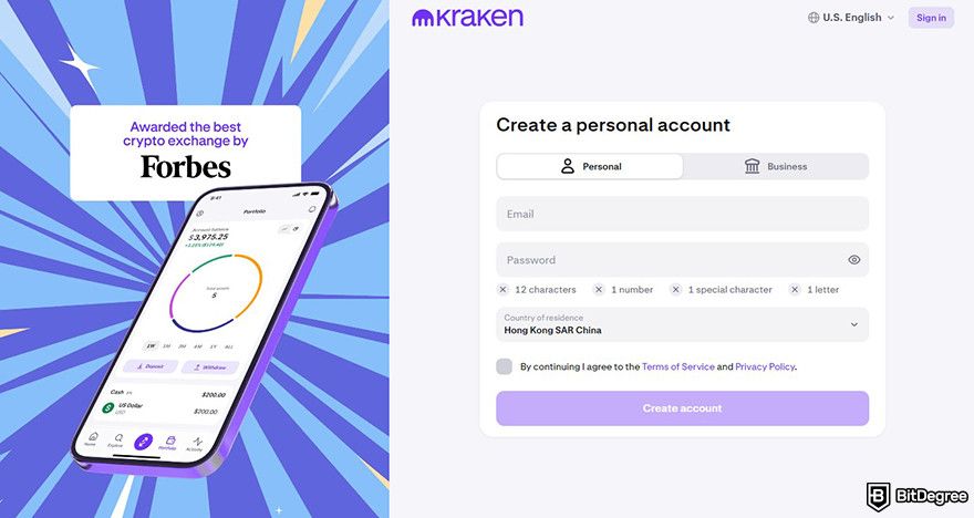 Best crypto exchange Hong Kong: Kraken sign up page.