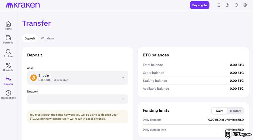 Best crypto exchange Hong Kong: the Transfer page on Kraken's user dashboard.
