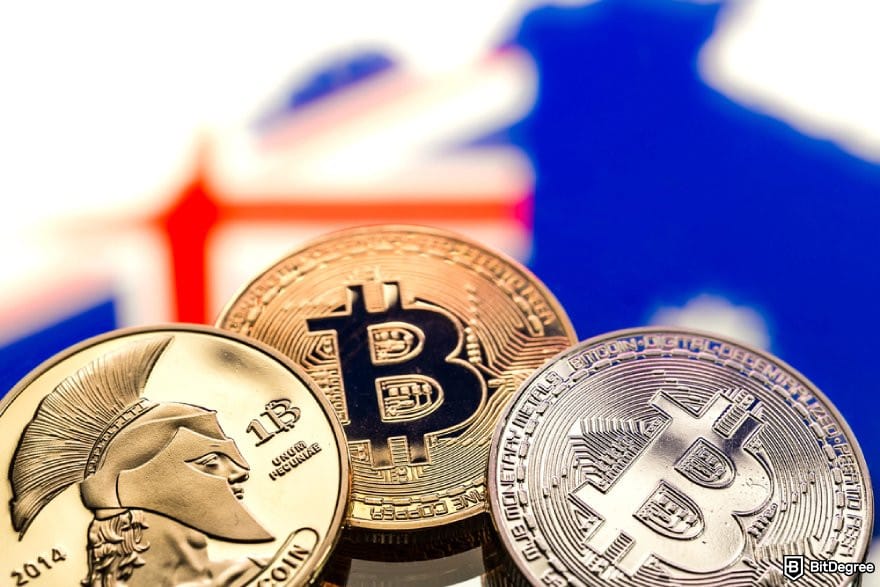 Best crypto exchange Australia: BTC coins in front of the blurred background of the Australian flag.