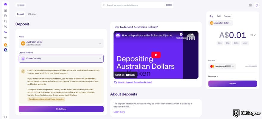 Best crypto exchange Australia: the AUD deposit page on Kraken.