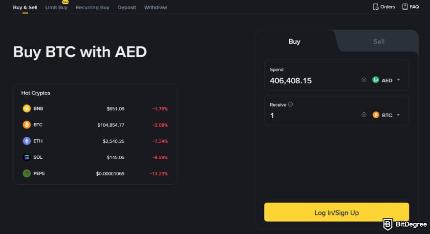 Best crypto exchange in UAE: the buy BTC with AED page on Binance.