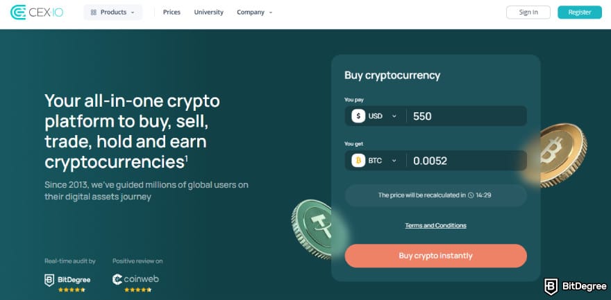Best crypto exchange in UAE: CEX.IO's homepage.