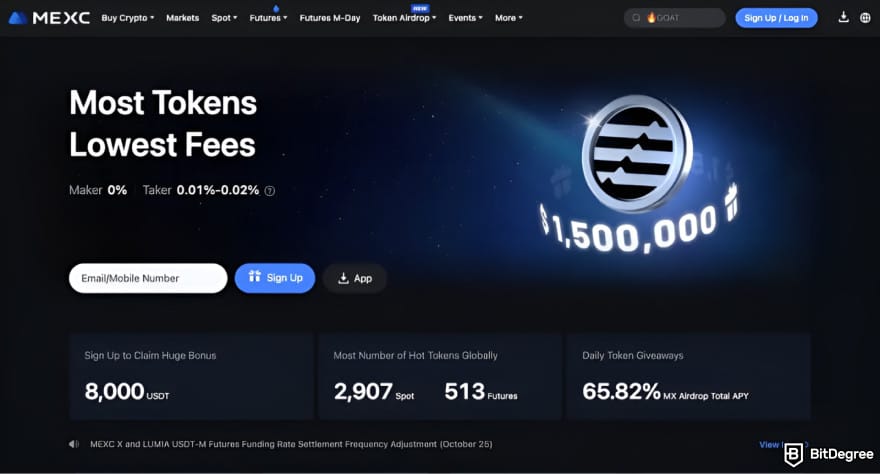 Best crypto exchange in UAE: MEXC's homepage.