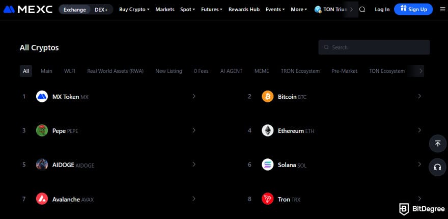Best crypto exchange in UAE: MEXC supported cryptocurrencies.