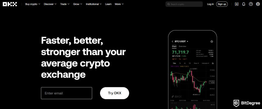 Best crypto exchange in UAE: OKX's homepage.