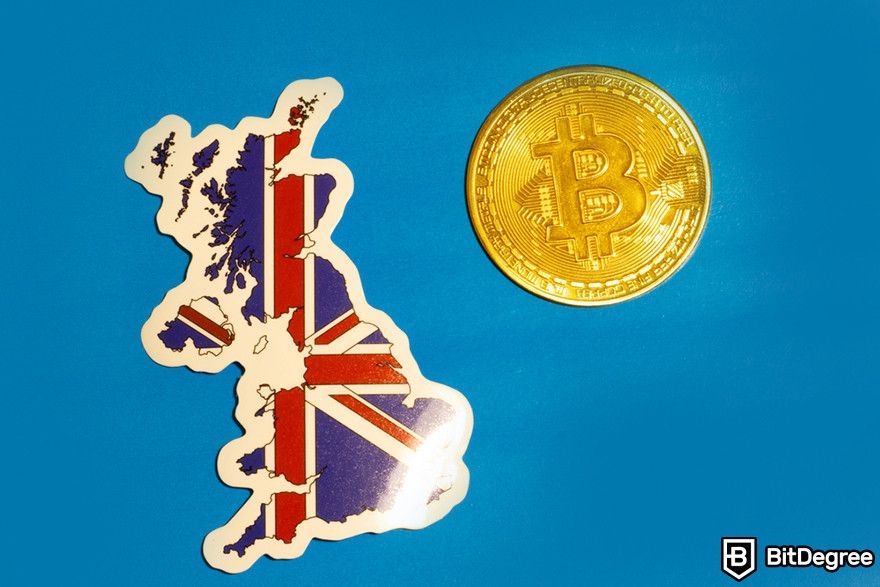 Best crypto exchange in UK: A Bitcoin coin beside a UK-shaped flag on a blue background.