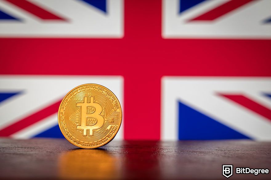 Best crypto exchange in UK: A Bitcoin coin in front of the Union Jack.