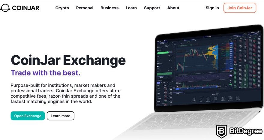 Best crypto exchange in UK: CoinJar Exchange landing page.