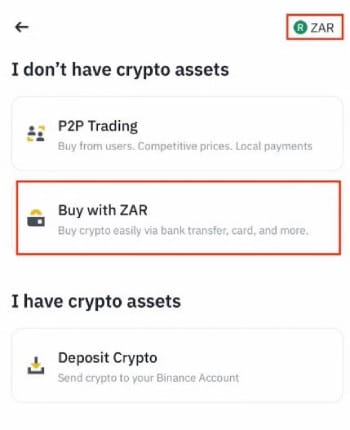 Best crypto exchange South Africa: buying crypto with ZAR via Binance mobile app.