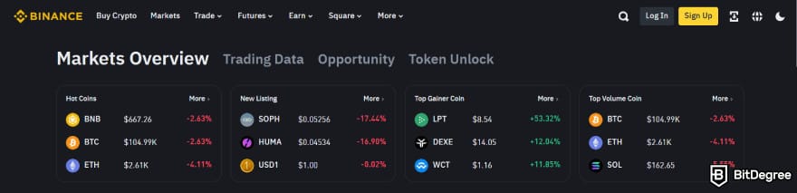 Best crypto exchanges South Africa: Binance's markets overview page.