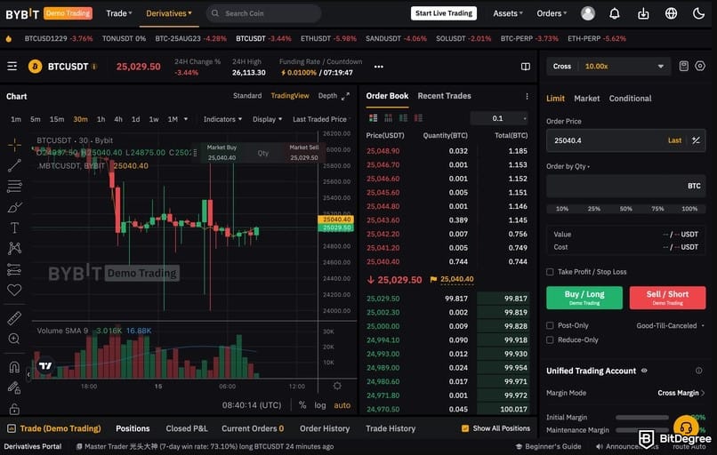 Best crypto exchange South Africa: the demo trading interface on Bybit.