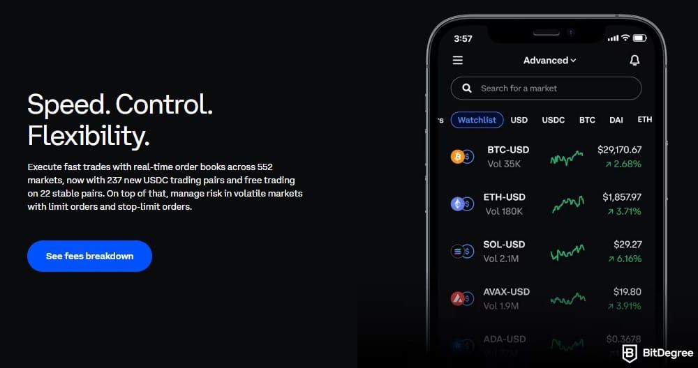 Best crypto exchange South Africa: the Coinbased Advanced interface seen on a mobile phone.