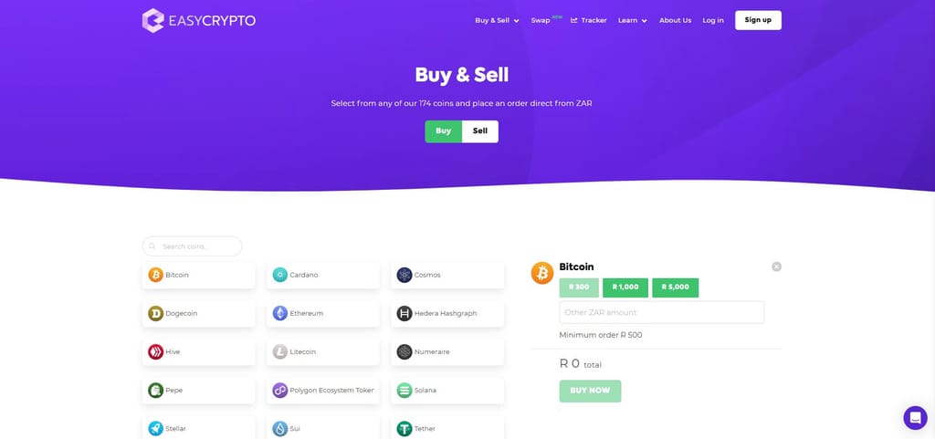 Best crypto exchange South Africa: the buying page on Easy Crypto.