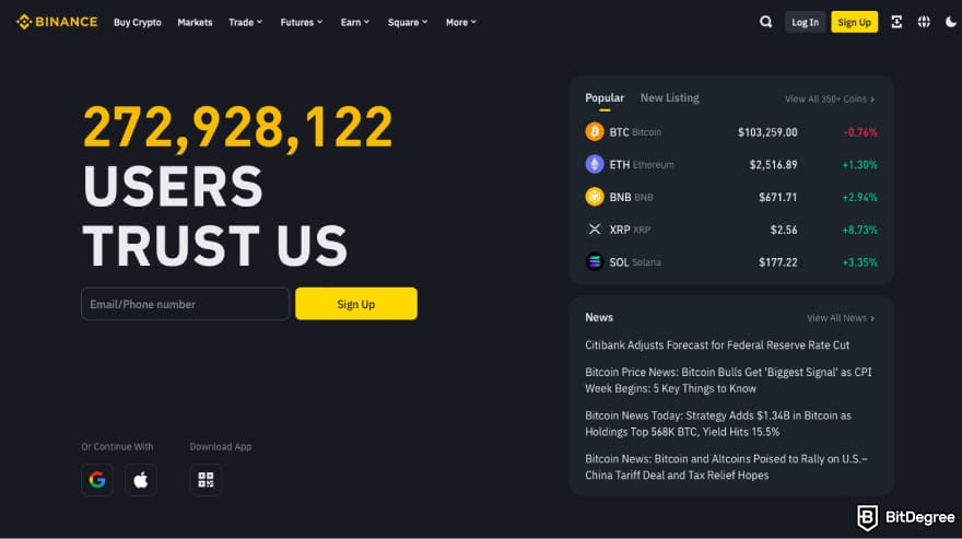 Mejores Exchanges Europa: Captura de pantalla de la página de inicio de Binance.