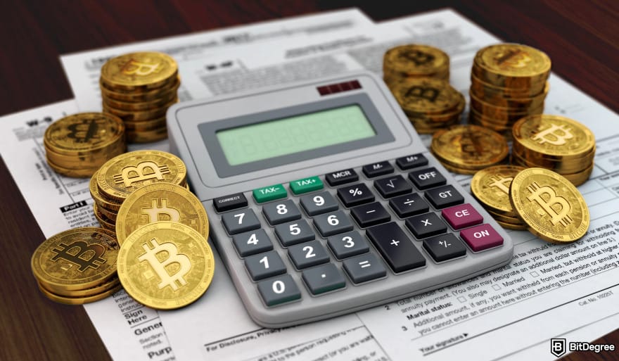 Best crypto exchanges in Europe: a calculator with a pile of Bitcoins next to it.