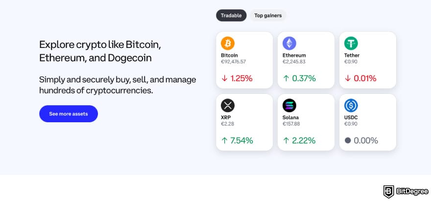 Best crypto exchanges in Europe: a screenshot of Coinbase's feature description.