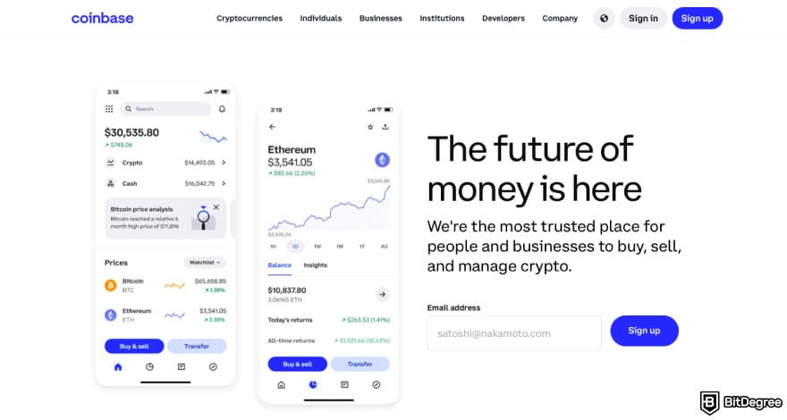 Best crypto exchanges in Europe: a screenshot of Coinbase's homepage.