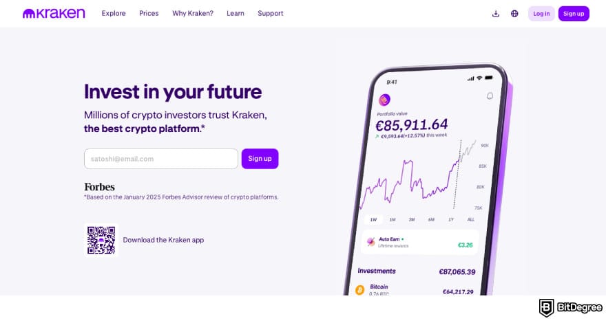 Best crypto exchanges in Europe: a screenshot of Kraken homepage.
