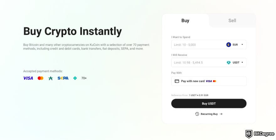 Mejores Exchanges Europa: Captura de pantalla del panel de compra instantánea de cripto de KuCoin.