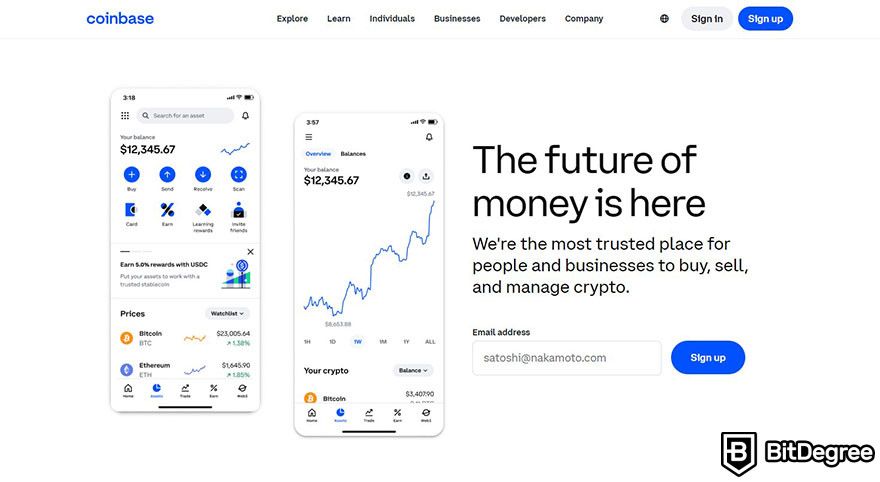 Best crypto exchanges in Nigeria: Coinbase homepage.