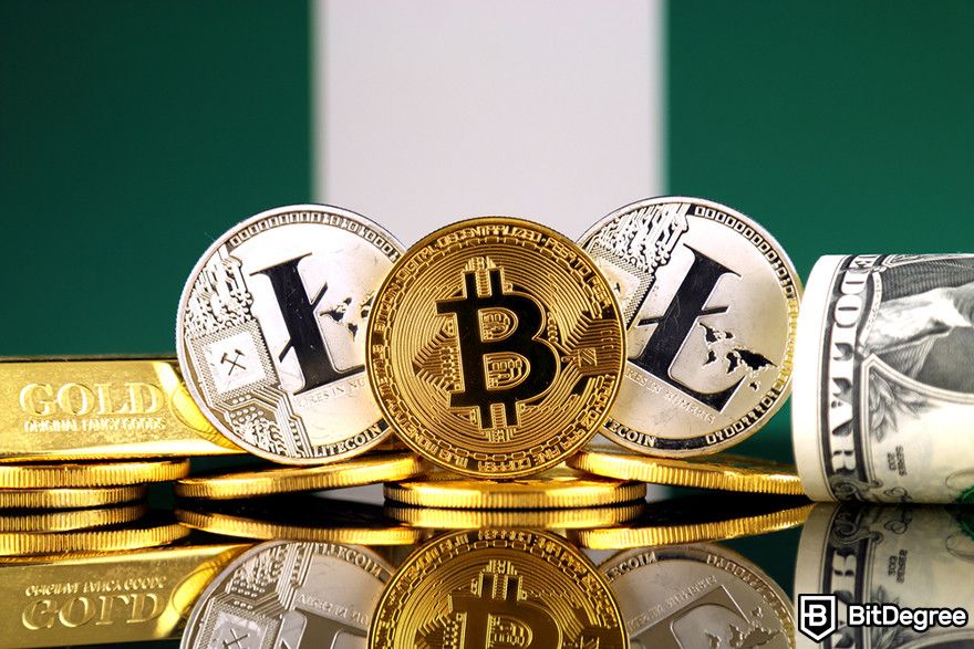 Best crypto exchanges in Nigeria: BTC and LTC coins with fiat and gold in front of the Nigerian flag.