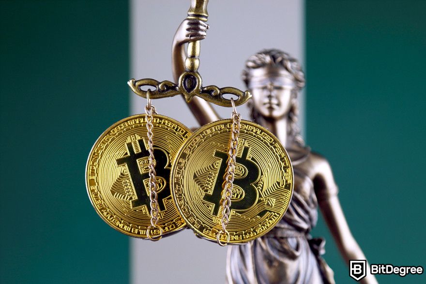 Best crypto exchanges in Nigeria: Bitcoin tokens on justice scale scales with a justice statue in the background.