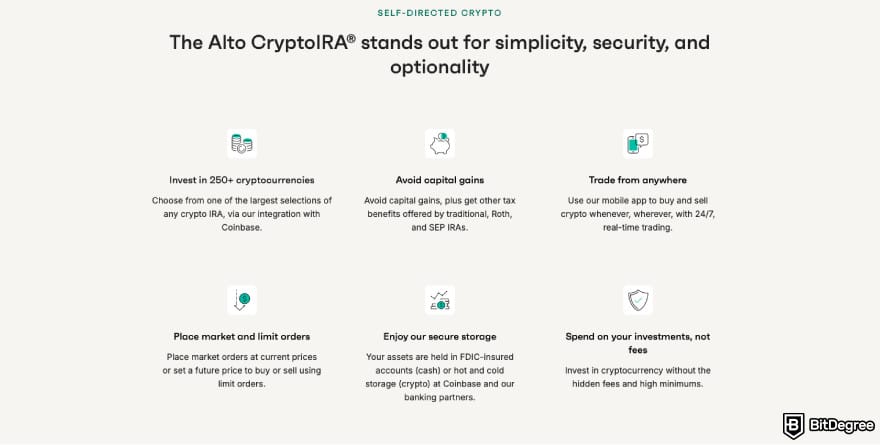 Best crypto IRA: a screenshot of the Alto crypto IRA feature description.