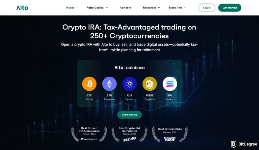 Best crypto IRA: a screenshot of the Alto homepage.