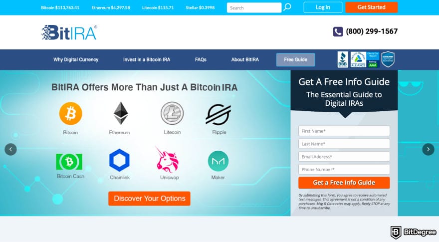 Best crypto IRA: a screenshot of the BitIRA homepage.