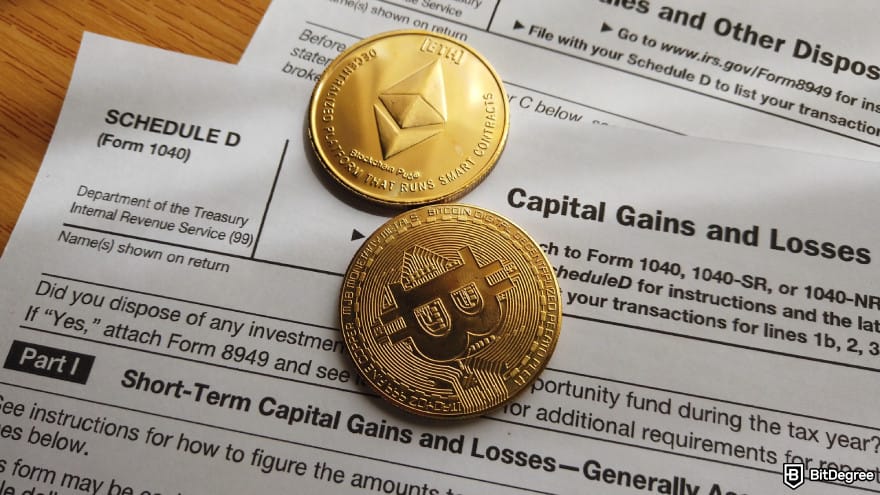 Best crypto IRA: a Bitcoin and an Ethereum coin on top of a capital gains and losses tax form.