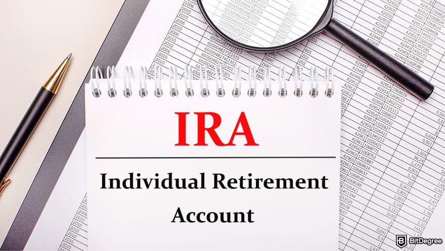 Best crypto IRA: a spiral notebook with the words IRA: Individual Retirement Account written on it.