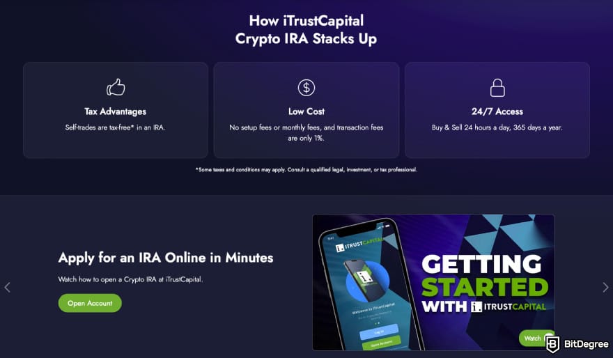 Best crypto IRA: a screenshot of the iTrustCapital crypto IRA feature description.