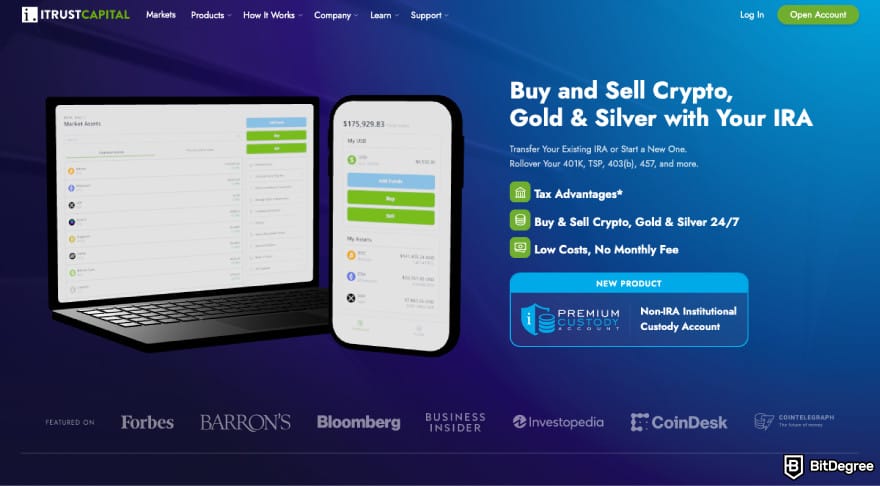 Best crypto IRA: a screenshot of the iTrustCapital homepage.