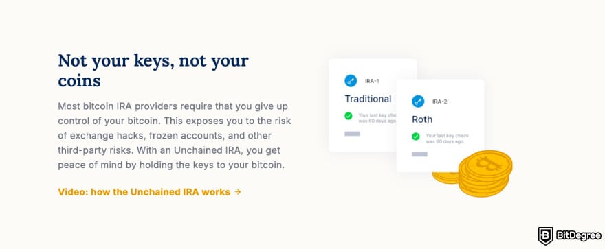 Best crypto IRA: a screenshot of the Unchained IRA feature description.