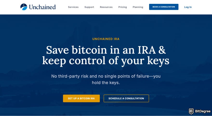 Best crypto IRA: a screenshot of the Unchained homepage.