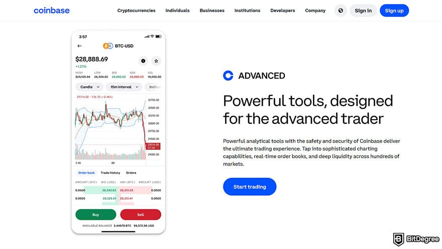 Best crypto leverage trading platform: Coinbase homepage.