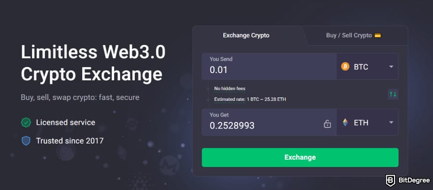 Best crypto liquidity providers: landing page for ChangeNOW web app.