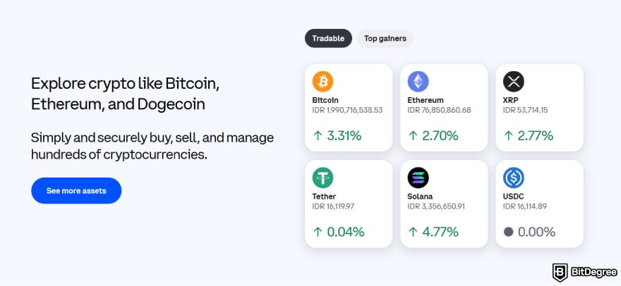 Best crypto liquidity providers: Coinbase interface showing top tradable cryptocurrencies.