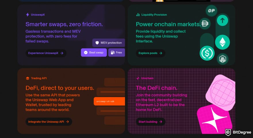 Best crypto liquidity providers: Uniswap platform feature tiles, highlighting its services.