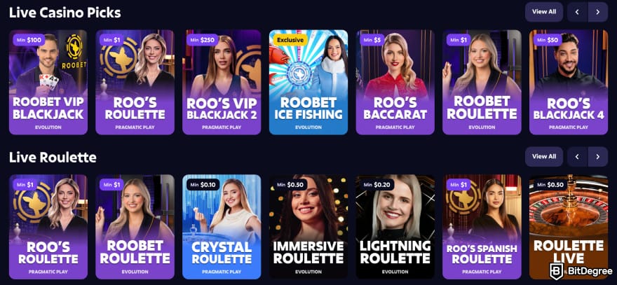 Best crypto live casino: Roobet live casino picks.