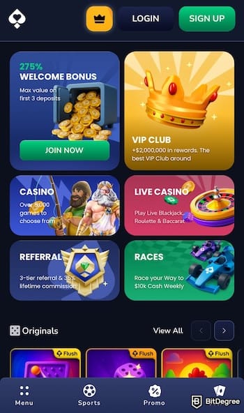 Best crypto mobile casino site: Flush's mobile interface.