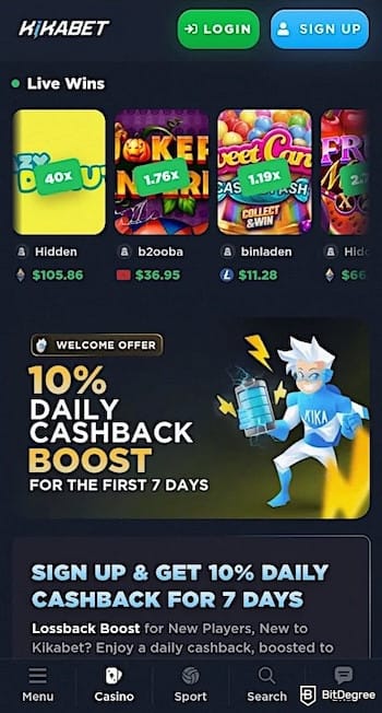 Best crypto mobile casino: Kikabet's mobile interface.