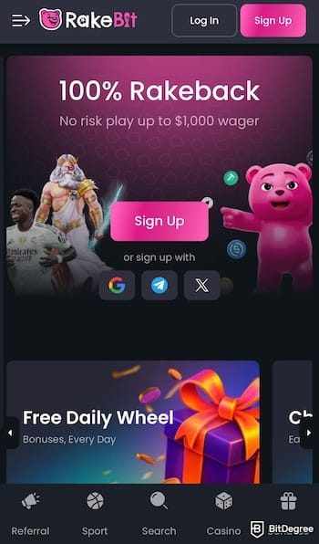 Best crypto mobile casino site: RakeBit's homepage shown on a mobile interface.