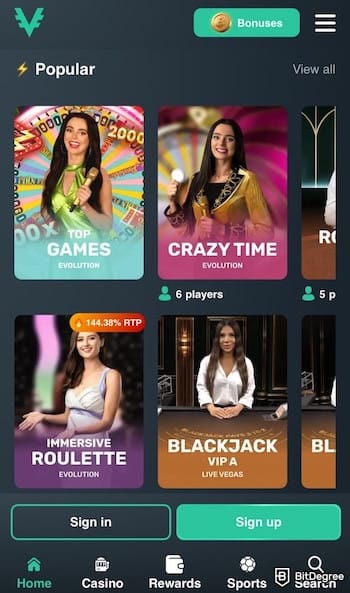 Best crypto mobile casino site: Vave's mobile interface. Best crypto mobile casino site: Vave's mobile interface.