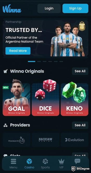 Best crypto mobile casino site: Winna homepage seen on mobile.