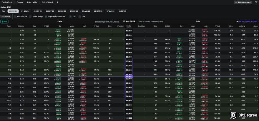 Best crypto options trading platform: Deribit options interface.