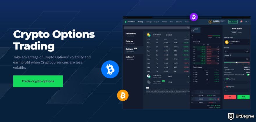 Best crypto options trading platform: StormGain crypto options trading interface.