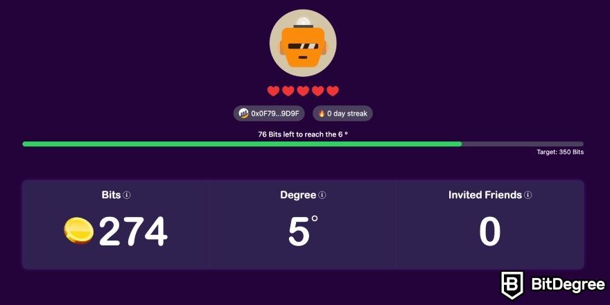 Best crypto quest platforms: BitDegree Web3 Exam user profile, with Bits and Degrees.